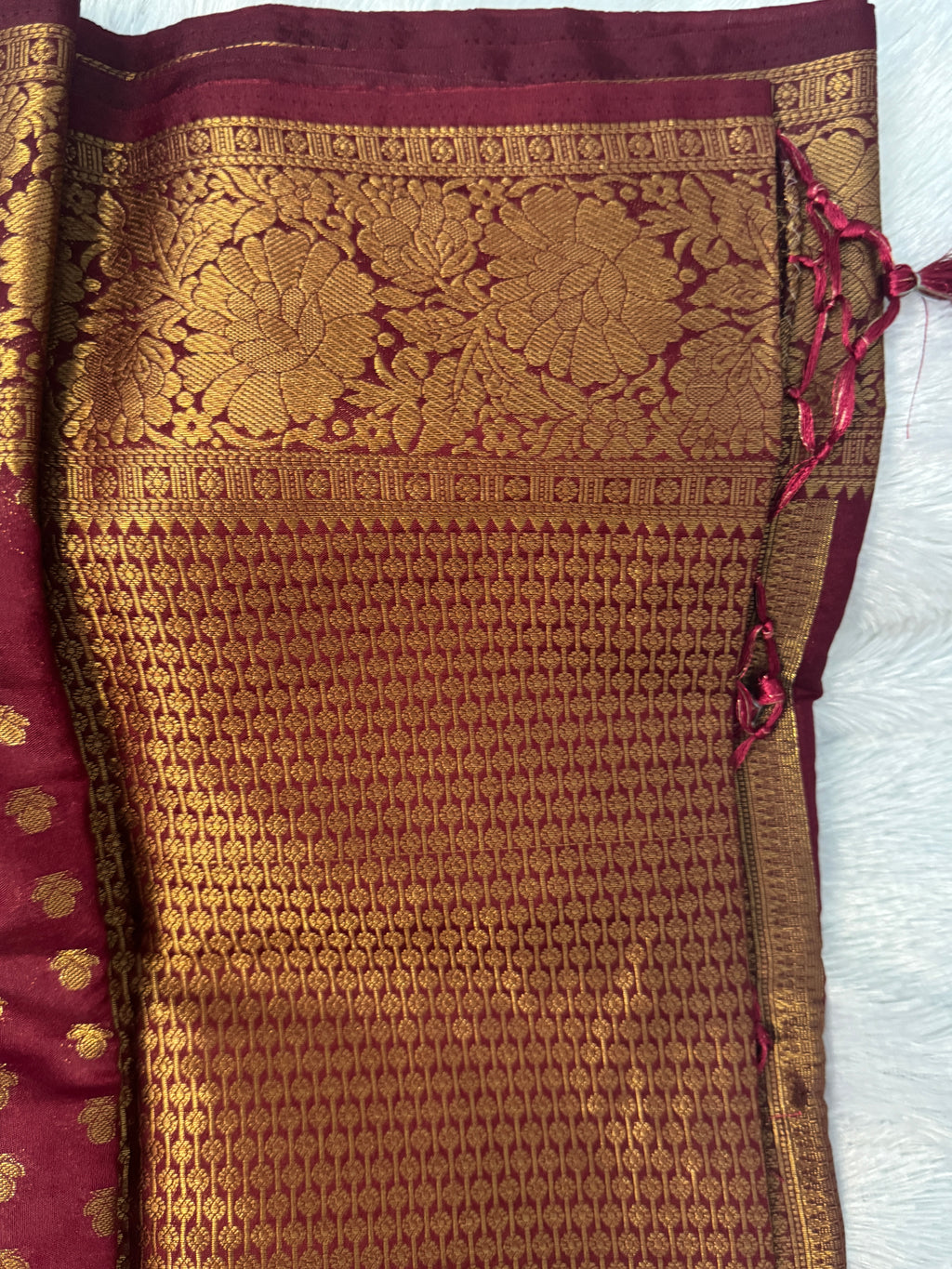 Deep Maroon Semi Banarasi Silk Saree with Antique Gold Zari Brocade & Tassels