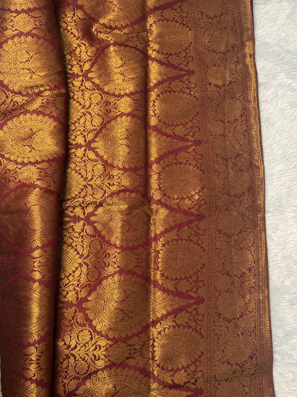 Deep Maroon Semi Banarasi Silk Saree with Antique Gold Zari Brocade & Tassels