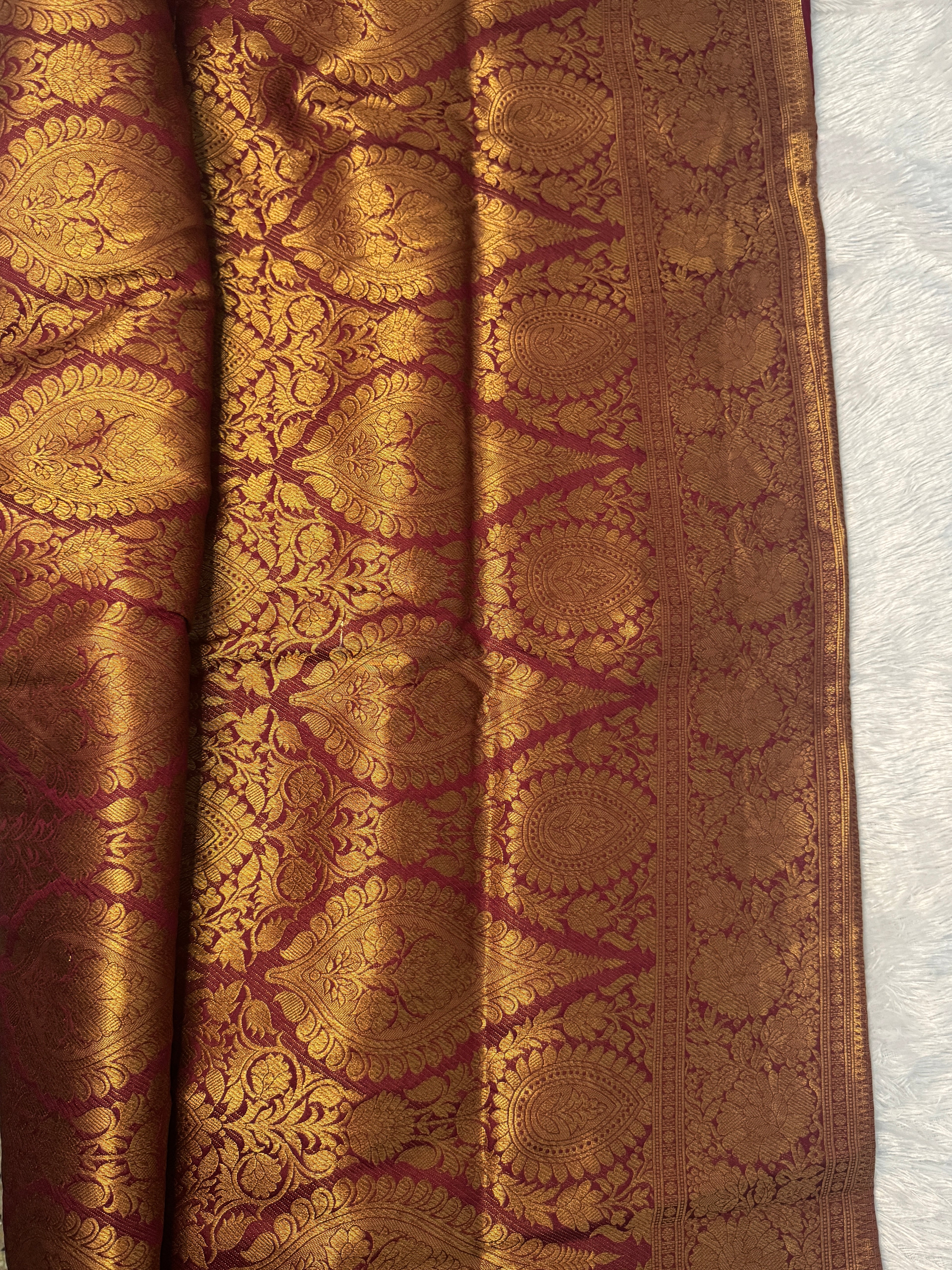 Deep Maroon Semi Banarasi Silk Saree with Antique Gold Zari Brocade & Tassels