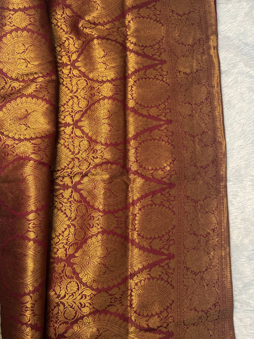 Deep Maroon Semi Banarasi Silk Saree with Antique Gold Zari Brocade & Tassels