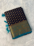 Midnight Navy & Peacock Teal Semi Banarasi Silk Saree with Gold Zari Paisley Weaving