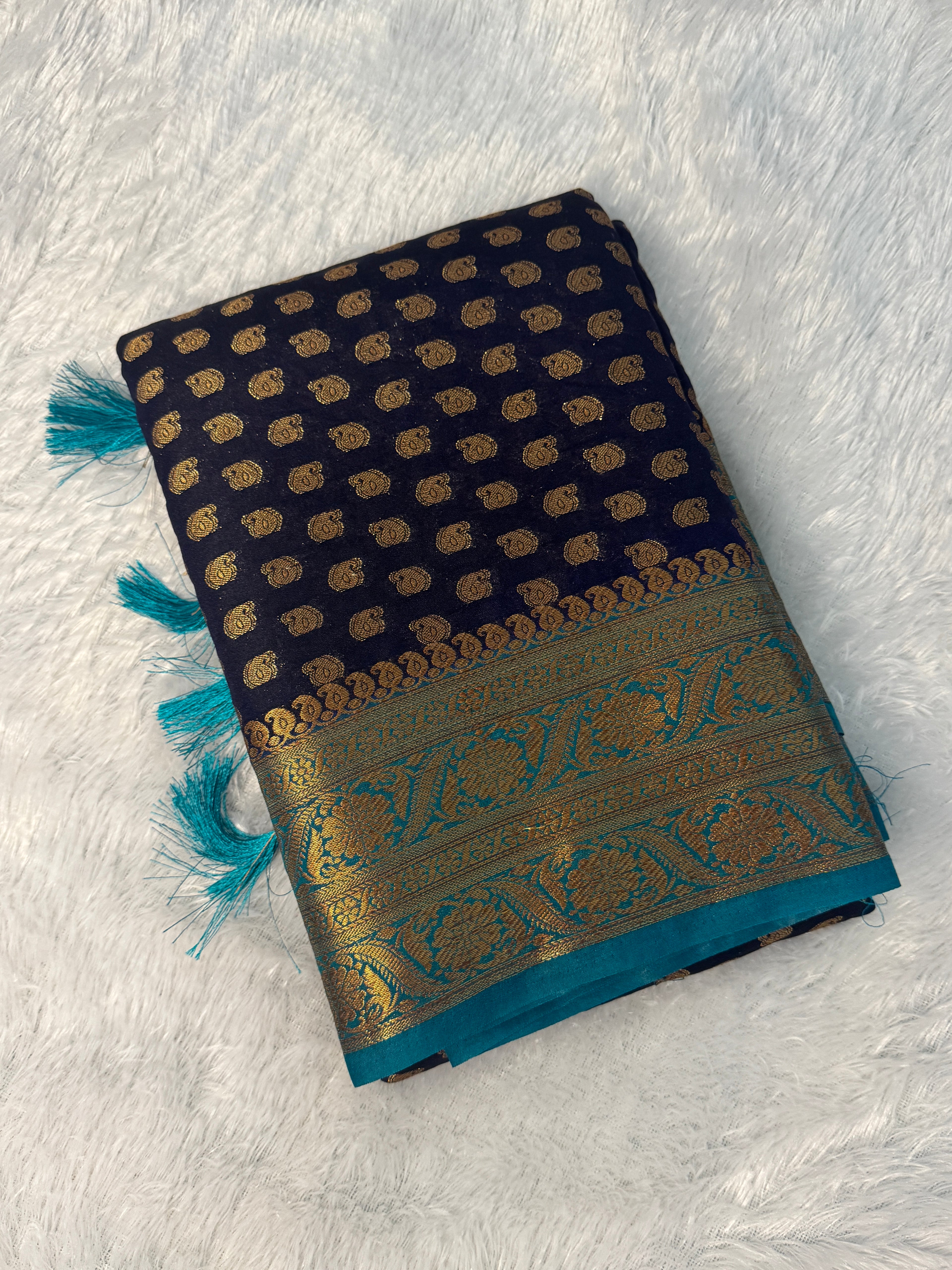 Midnight Navy & Peacock Teal Semi Banarasi Silk Saree with Gold Zari Paisley Weaving