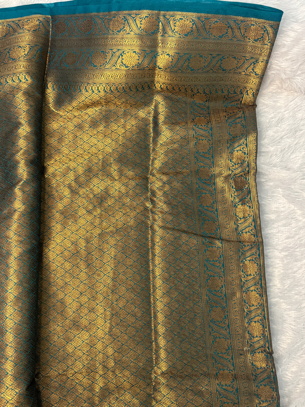 Midnight Navy & Peacock Teal Semi Banarasi Silk Saree with Gold Zari Paisley Weaving