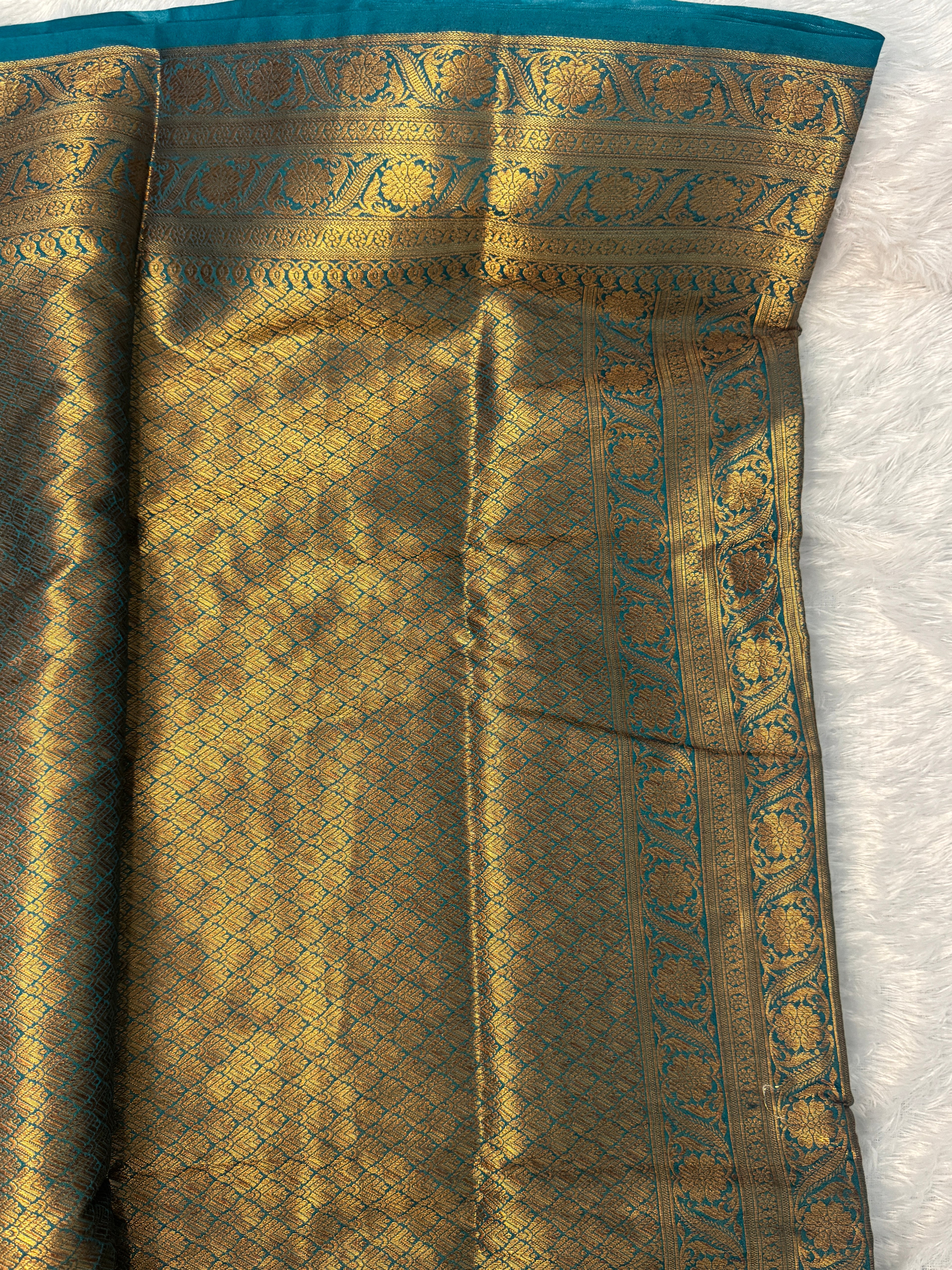Midnight Navy & Peacock Teal Semi Banarasi Silk Saree with Gold Zari Paisley Weaving