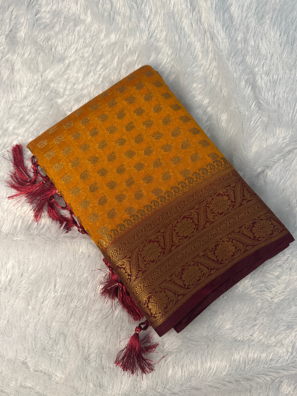 Mustard Yellow & Deep Maroon Semi Banarasi Silk Saree with Rich Gold Zari Pallu