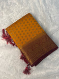 Mustard Yellow & Deep Maroon Semi Banarasi Silk Saree with Rich Gold Zari Pallu