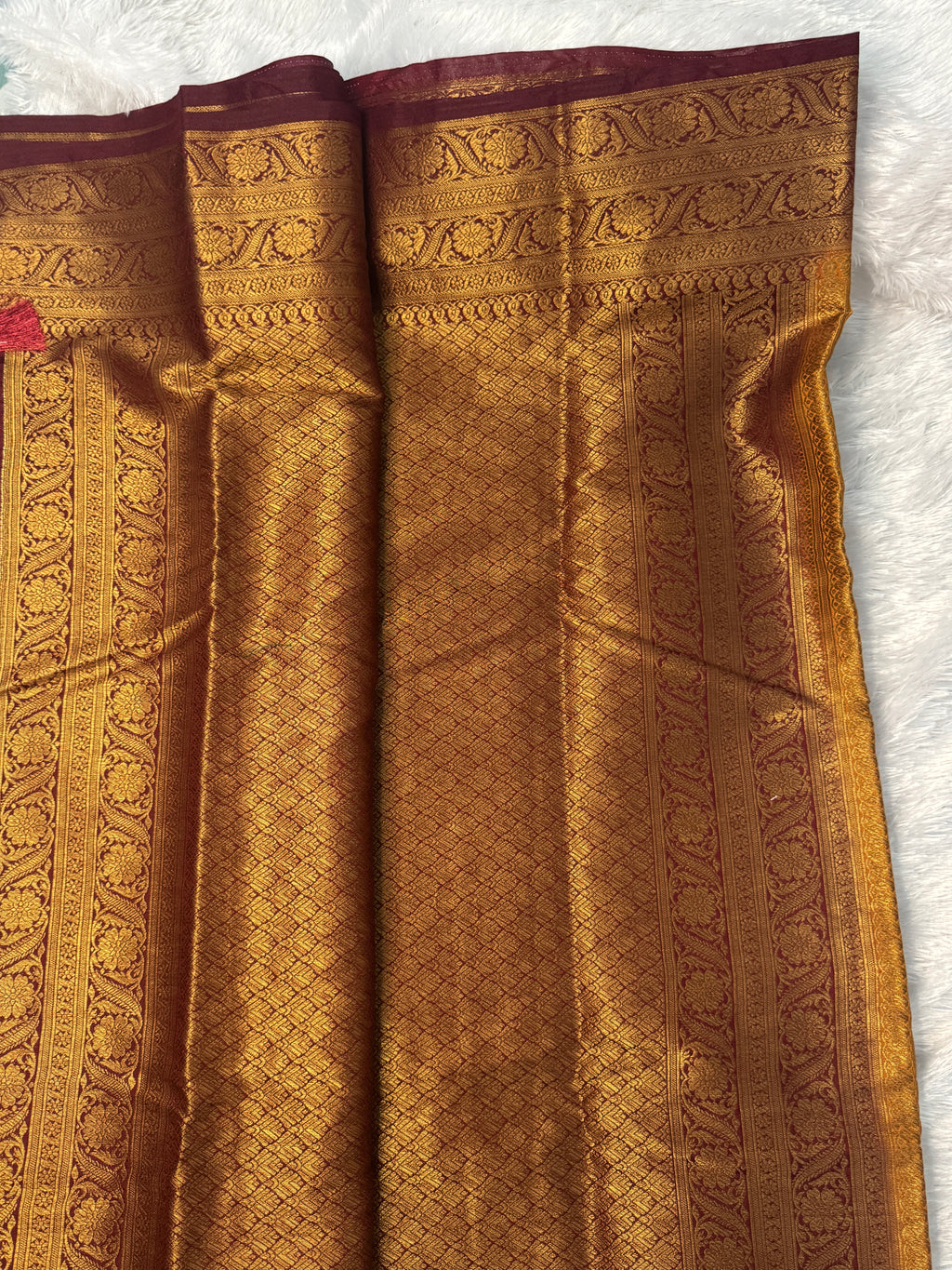 Mustard Yellow & Deep Maroon Semi Banarasi Silk Saree with Rich Gold Zari Pallu