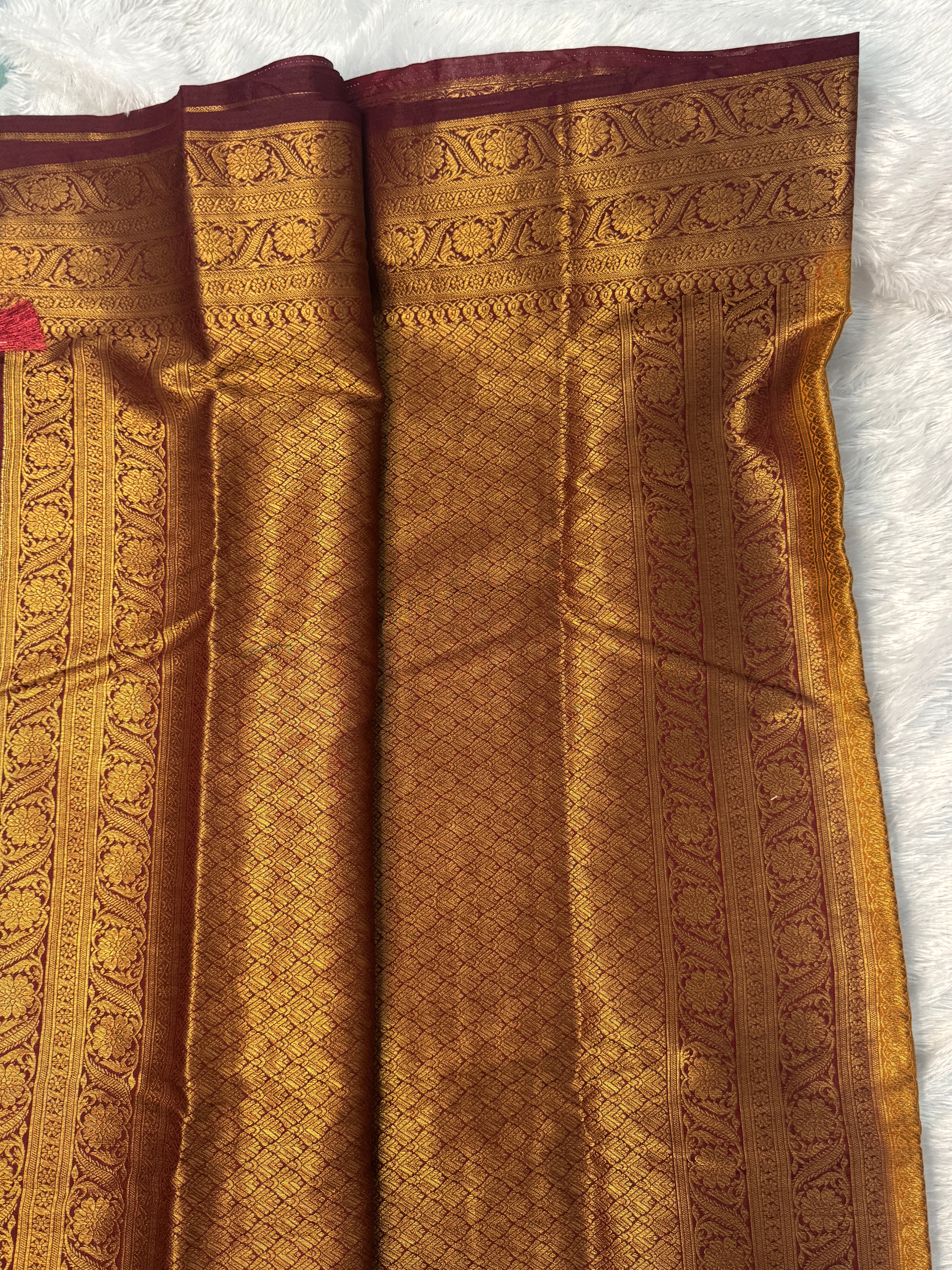 Mustard Yellow & Deep Maroon Semi Banarasi Silk Saree with Rich Gold Zari Pallu