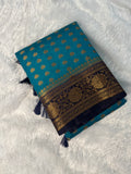 Peacock Blue & Deep Navy Semi Banarasi Silk Saree with Gold Zari Weaving
