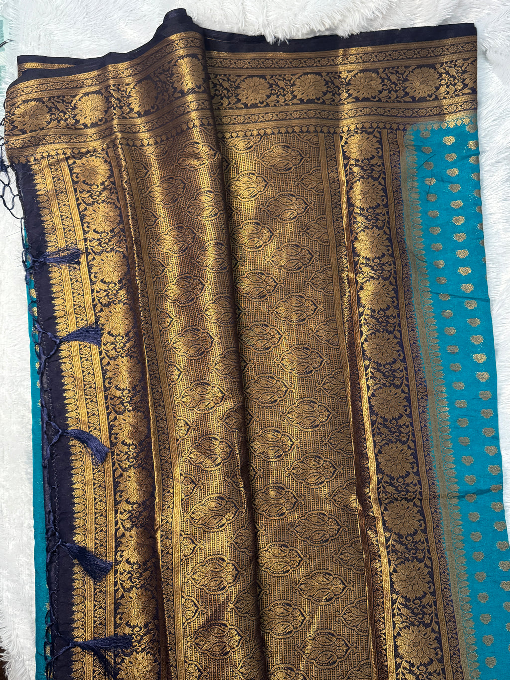 Peacock Blue & Deep Navy Semi Banarasi Silk Saree with Gold Zari Weaving