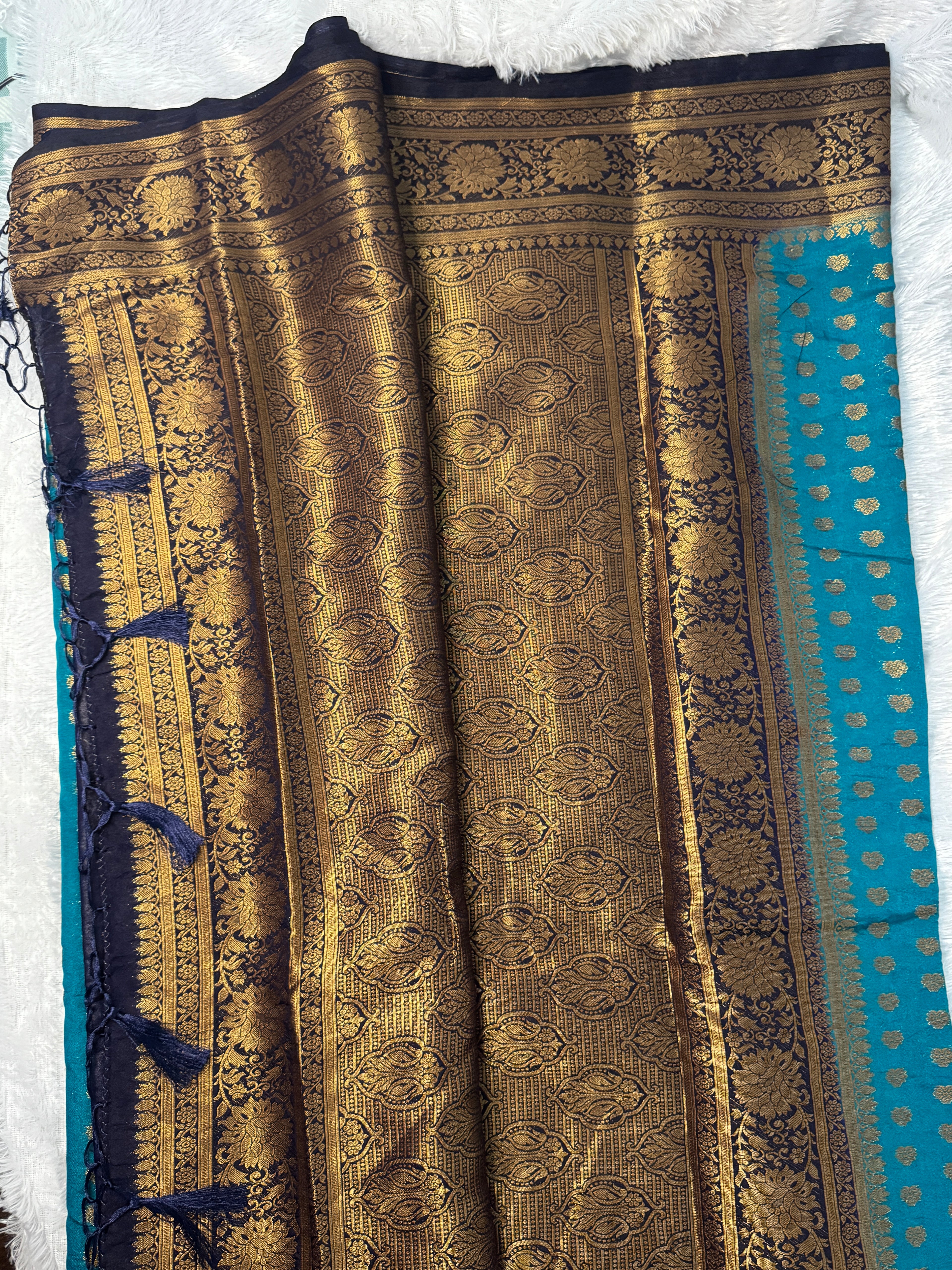 Peacock Blue & Deep Navy Semi Banarasi Silk Saree with Gold Zari Weaving
