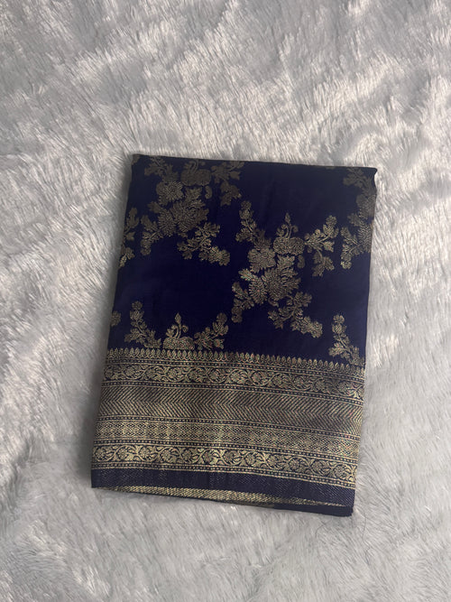 Banarasi Georgette Silk Saree with Antique Gold Zari Floral Vines & Brocade Pallu