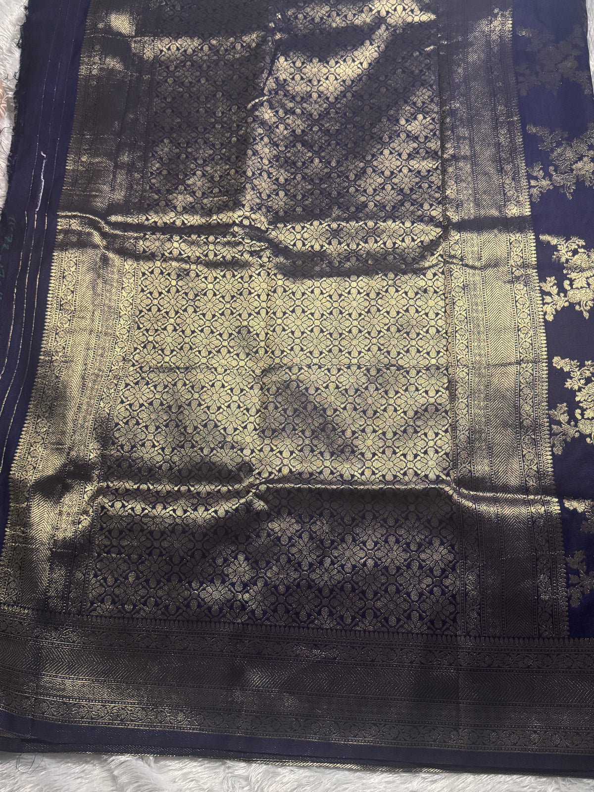 Banarasi Georgette Silk Saree with Antique Gold Zari Floral Vines & Brocade Pallu
