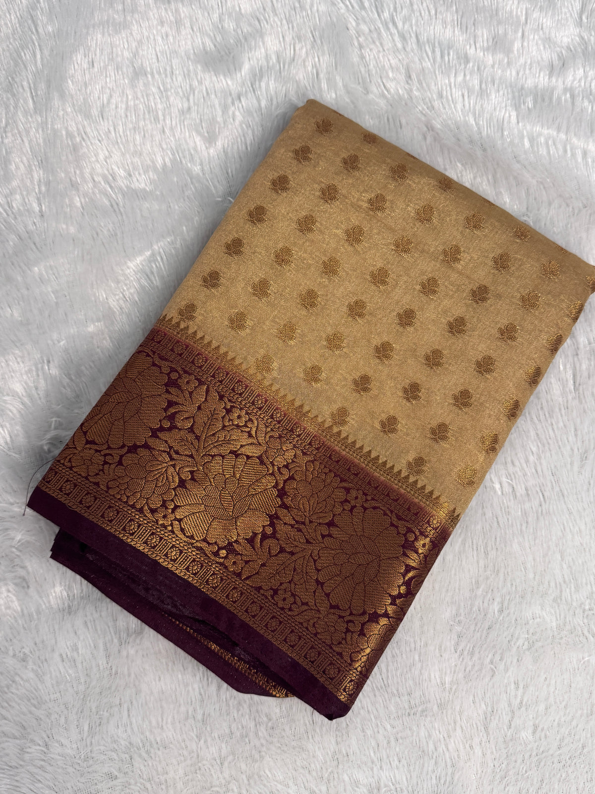 Champagne Beige & Deep Wine Semi Banarasi Silk Saree with Gold Zari Brocade