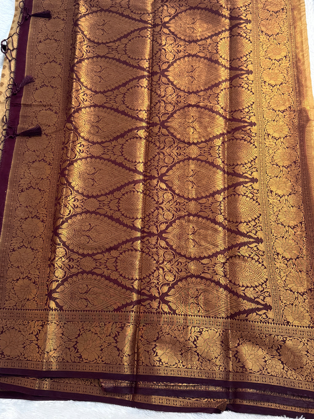 Champagne Beige & Deep Wine Semi Banarasi Silk Saree with Gold Zari Brocade
