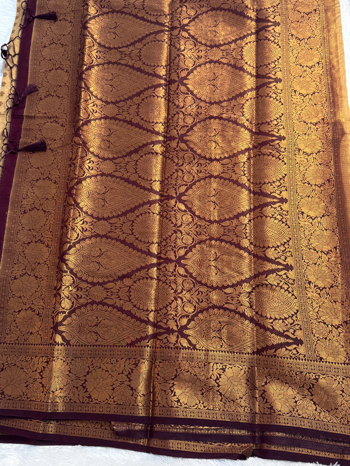 Champagne Beige & Deep Wine Semi Banarasi Silk Saree with Gold Zari Brocade