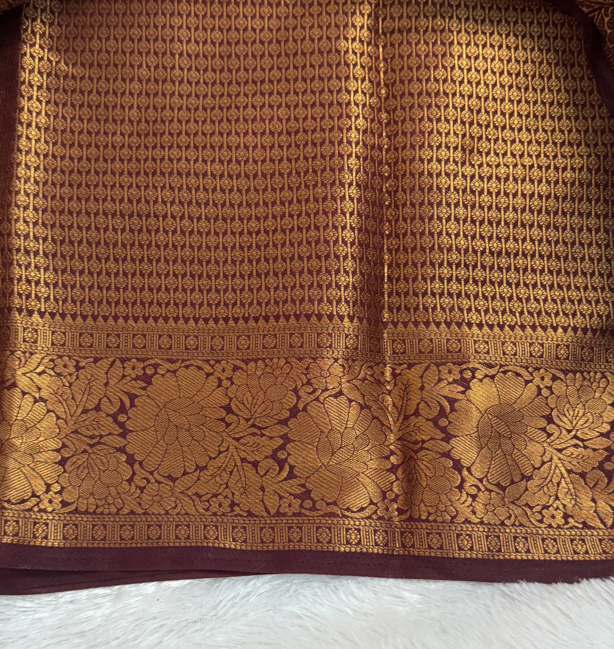 Champagne Beige & Deep Wine Semi Banarasi Silk Saree with Gold Zari Brocade