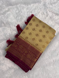 Golden Beige & Deep Maroon Semi Banarasi Silk Saree with Gold Zari Jaal Pallu