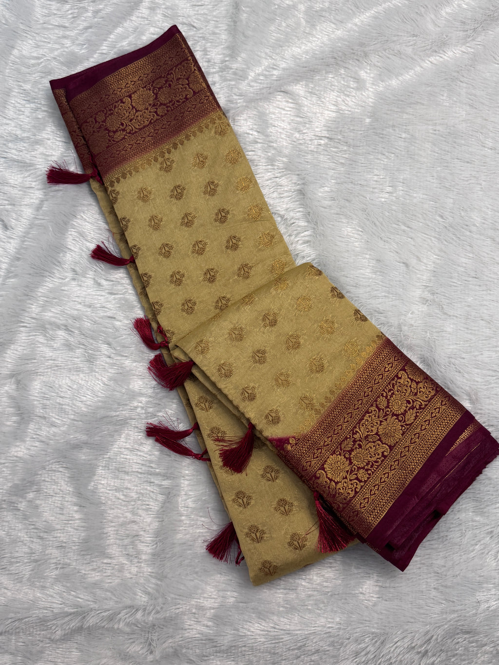 Golden Beige & Deep Maroon Semi Banarasi Silk Saree with Gold Zari Jaal Pallu