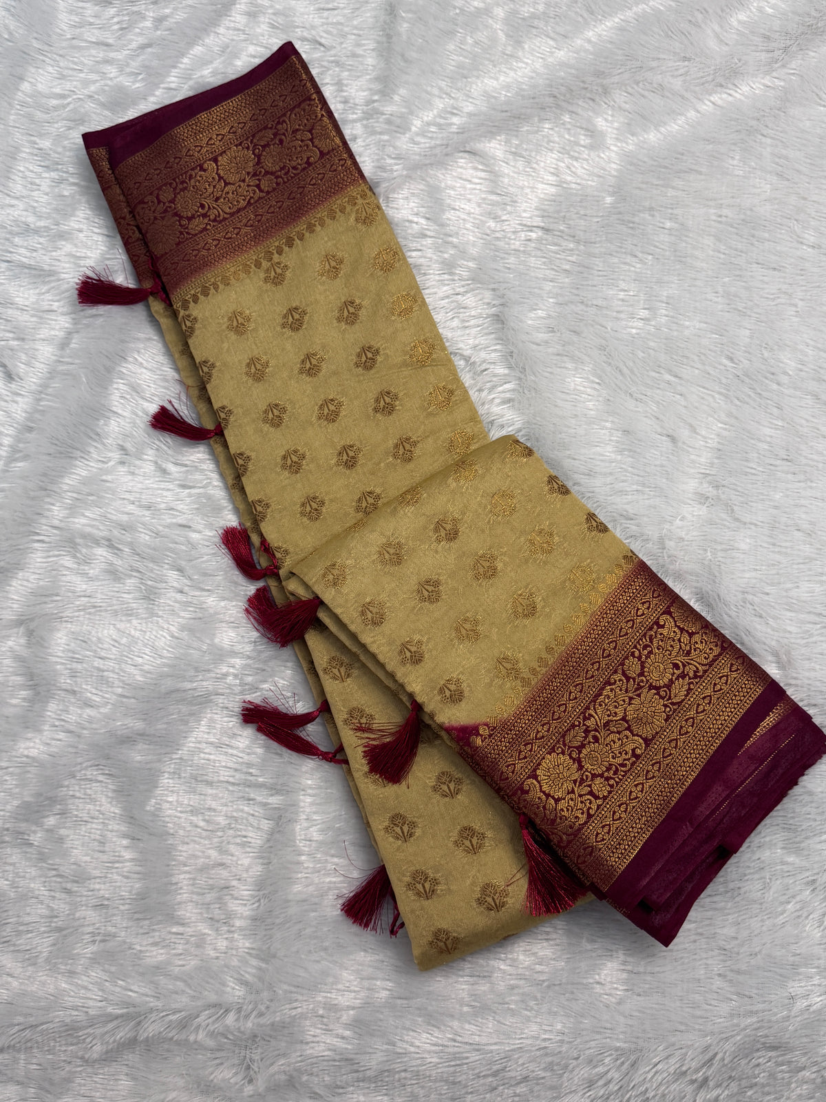 Golden Beige & Deep Maroon Semi Banarasi Silk Saree with Gold Zari Jaal Pallu
