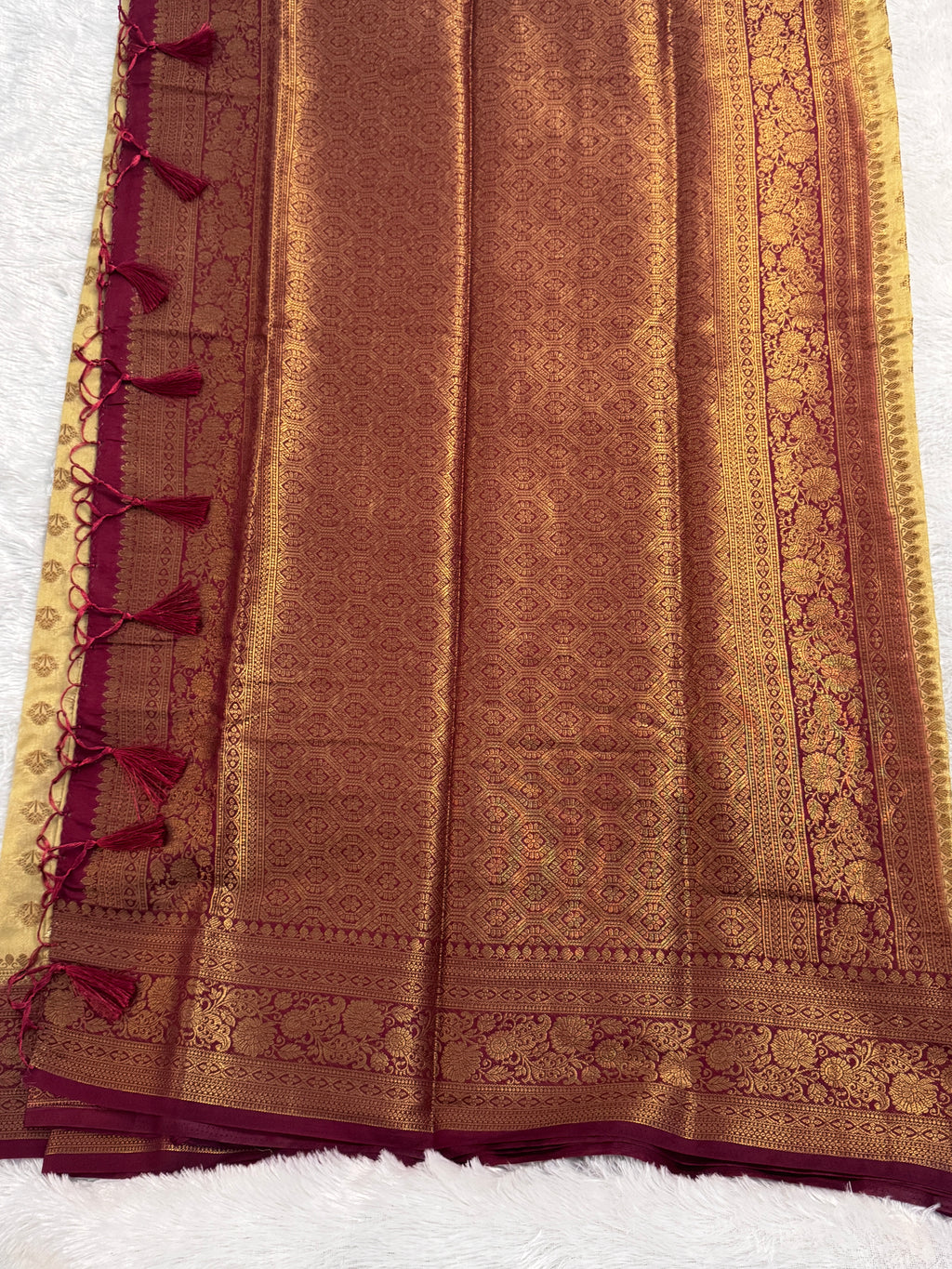 Golden Beige & Deep Maroon Semi Banarasi Silk Saree with Gold Zari Jaal Pallu