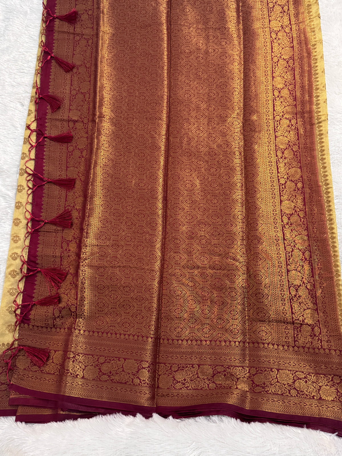 Golden Beige & Deep Maroon Semi Banarasi Silk Saree with Gold Zari Jaal Pallu