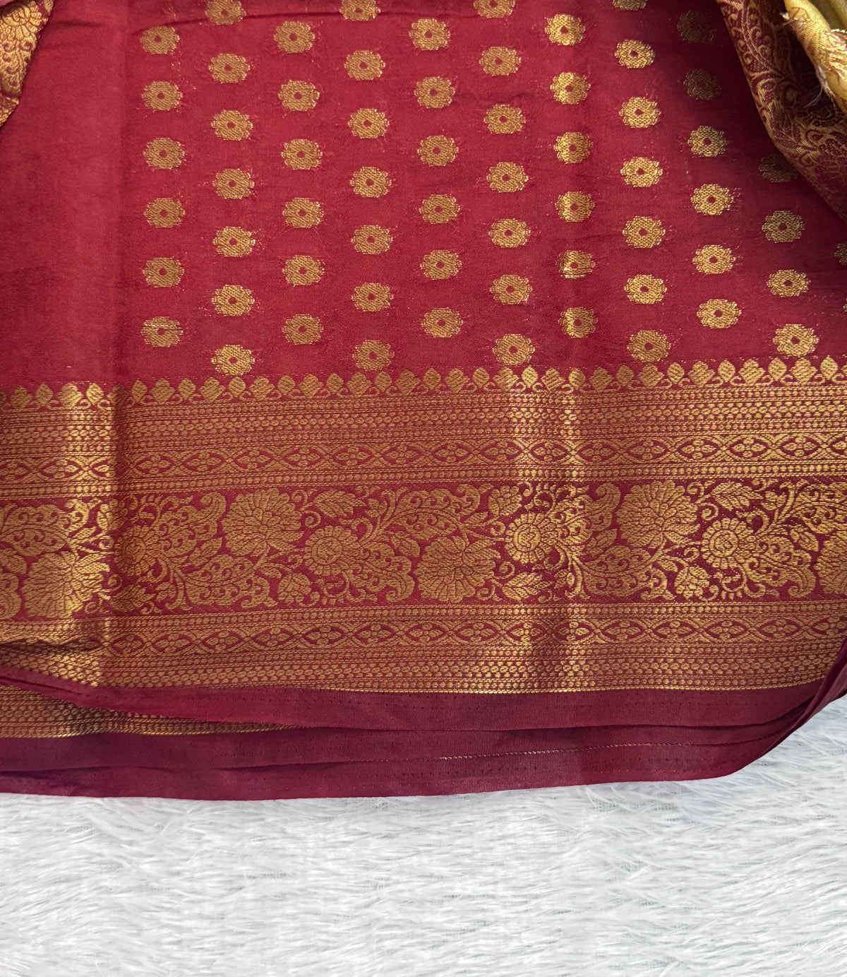 Golden Beige & Deep Maroon Semi Banarasi Silk Saree with Gold Zari Jaal Pallu