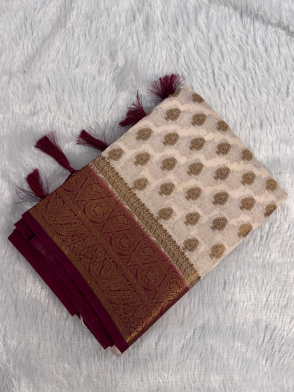 Ivory Cream & Deep Wine Semi Banarasi Silk Saree with Gold Zari Brocade