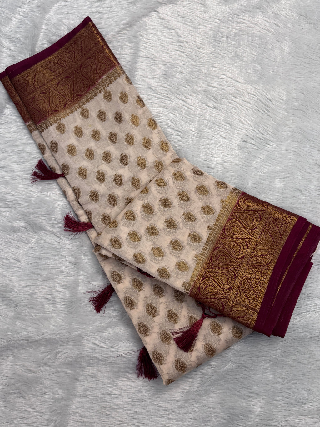 Ivory Cream & Deep Wine Semi Banarasi Silk Saree with Gold Zari Brocade