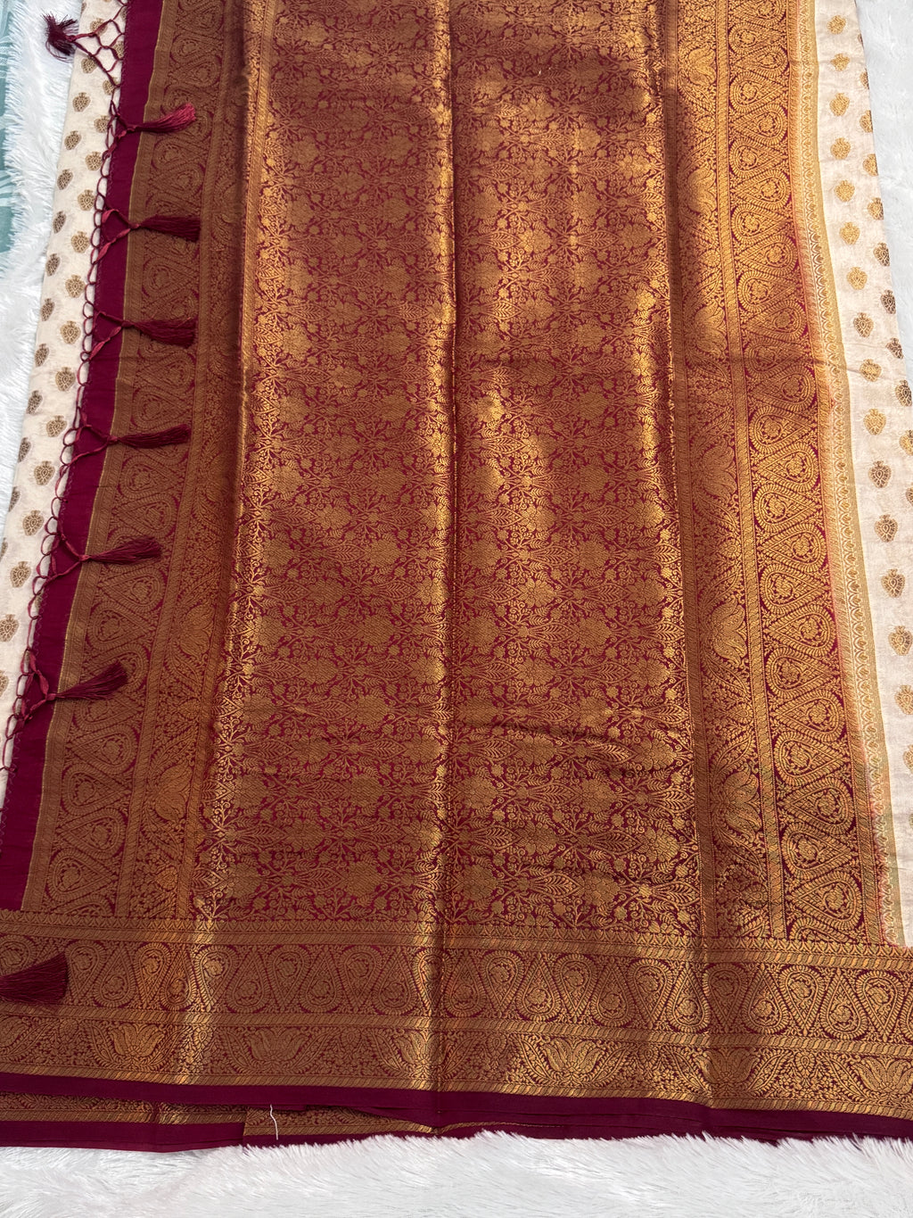 Ivory Cream & Deep Wine Semi Banarasi Silk Saree with Gold Zari Brocade