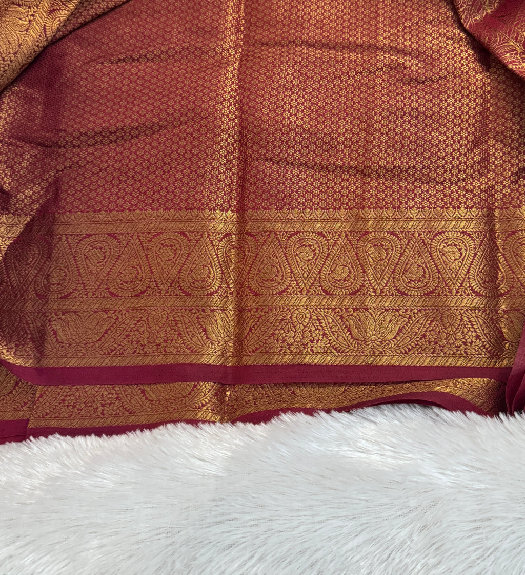 Ivory Cream & Deep Wine Semi Banarasi Silk Saree with Gold Zari Brocade