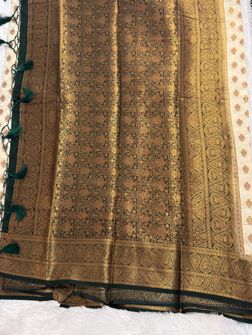 Ivory Cream & Forest Green Semi Banarasi Silk Saree with Gold Zari Brocade