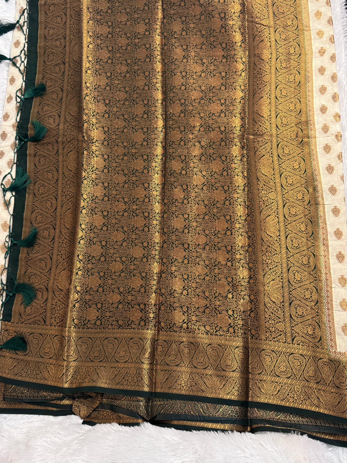 Ivory Cream & Forest Green Semi Banarasi Silk Saree with Gold Zari Brocade