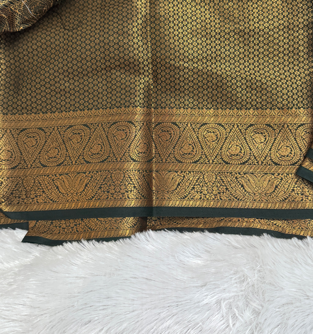 Ivory Cream & Forest Green Semi Banarasi Silk Saree with Gold Zari Brocade