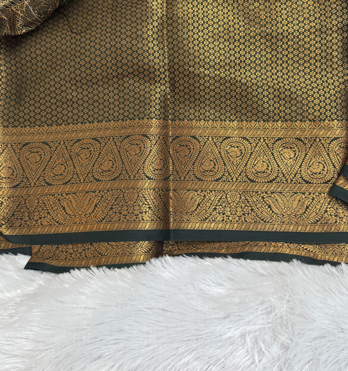 Ivory Cream & Forest Green Semi Banarasi Silk Saree with Gold Zari Brocade