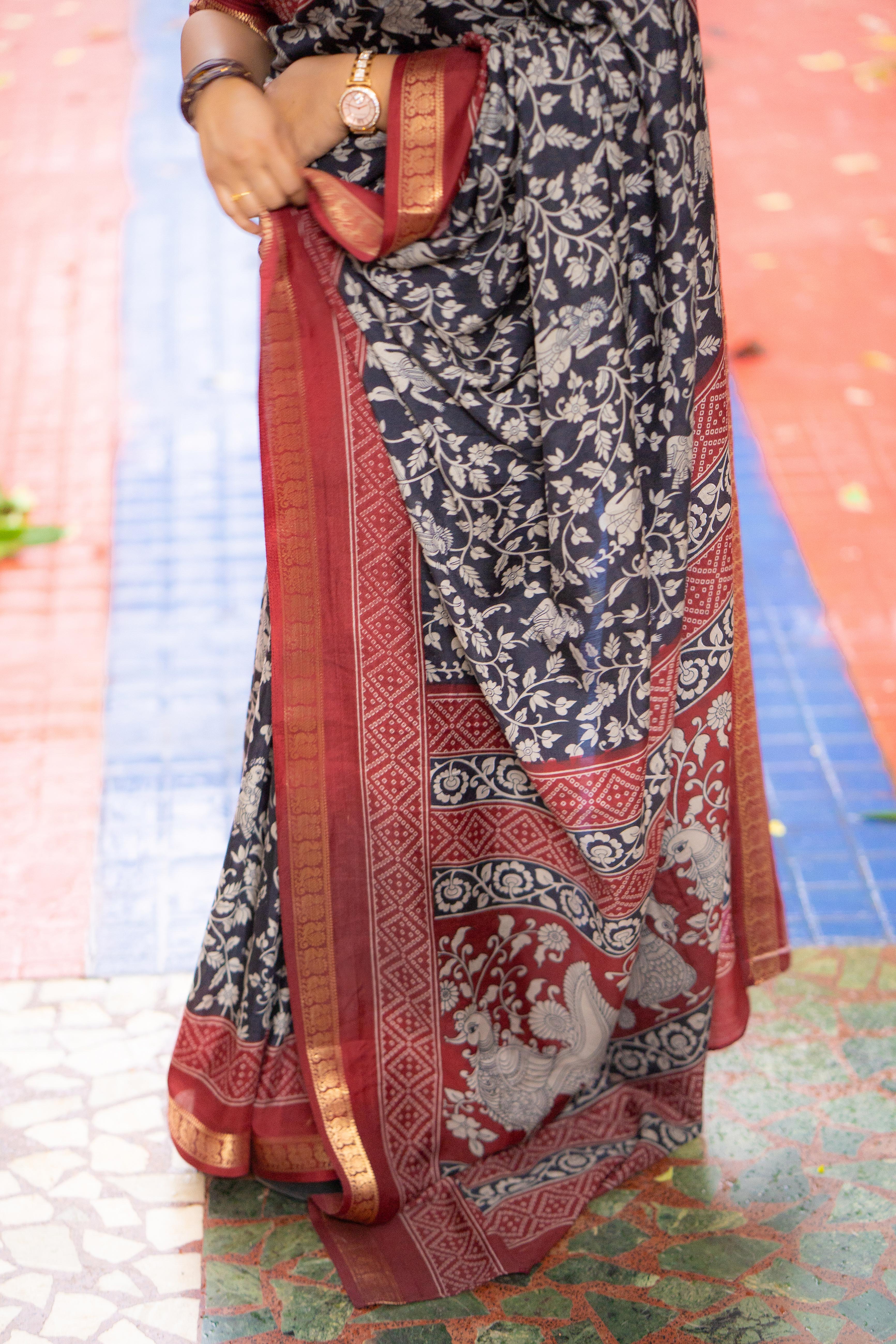 Mangalagiri Soft Silk Saree in Jet Black and Maroon with Zari Border