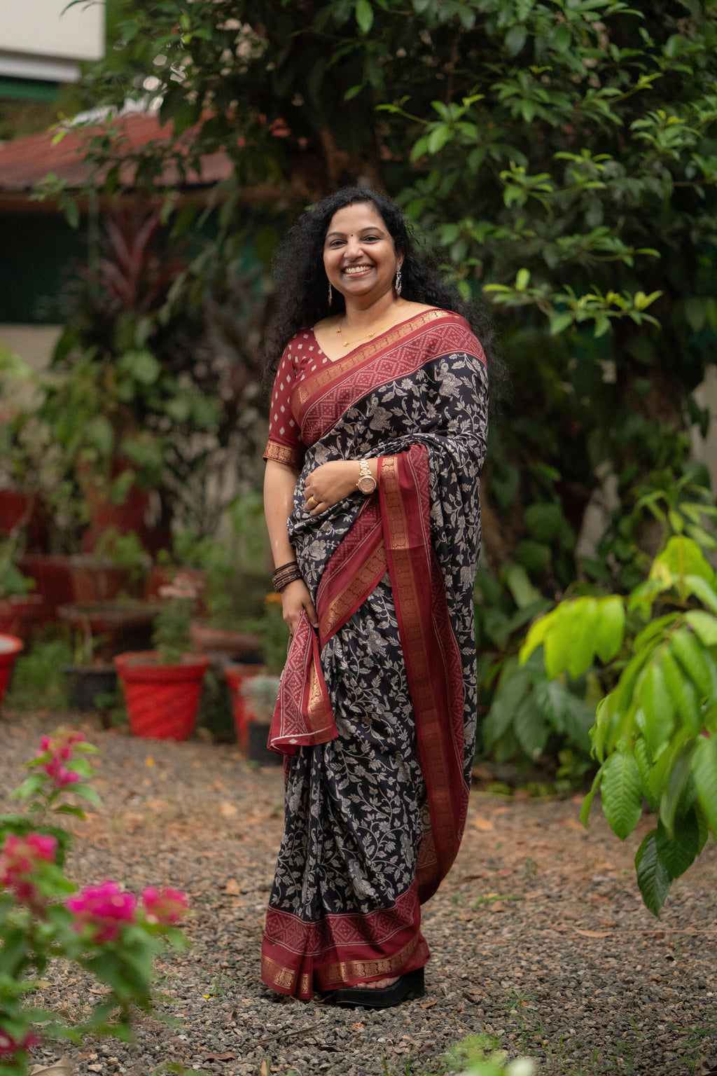Mangalagiri Soft Silk Saree in Jet Black and Maroon with Zari Border