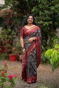 Mangalagiri Soft Silk Saree in Jet Black and Maroon with Zari Border