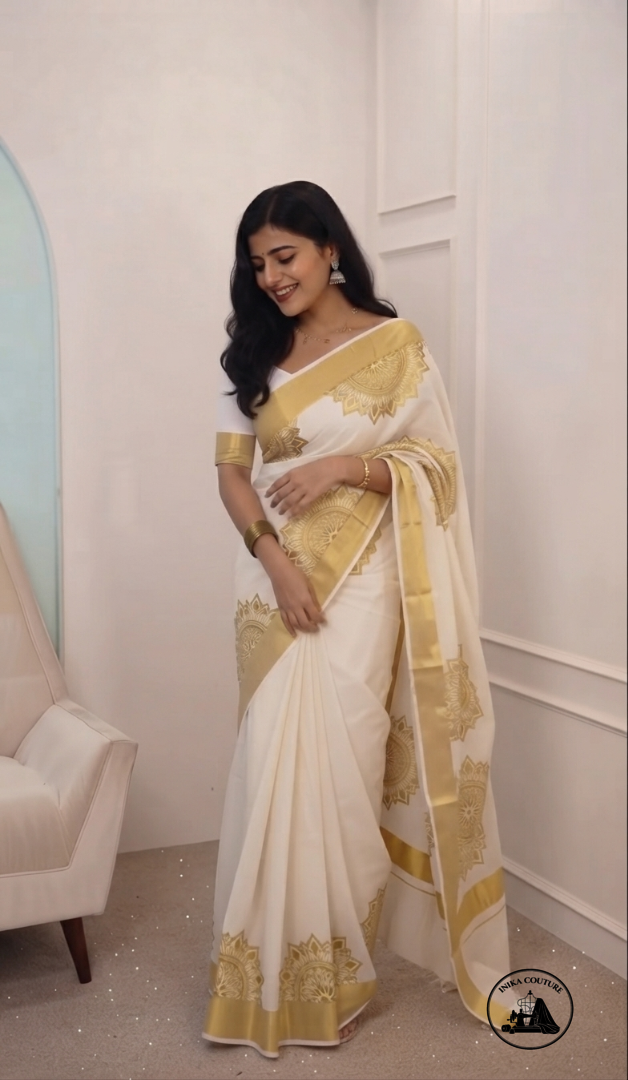 Pristine Ivory Kerala Kasavu Cotton Saree with Gilded Mandala Embroidery