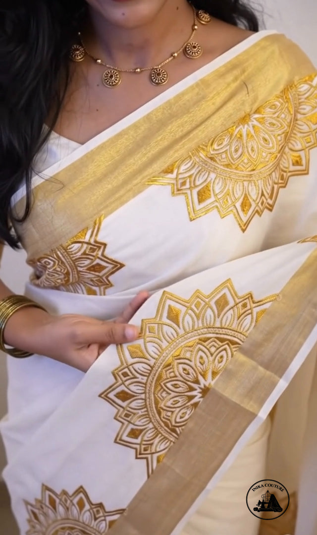 Pristine Ivory Kerala Kasavu Cotton Saree with Gilded Mandala Embroidery
