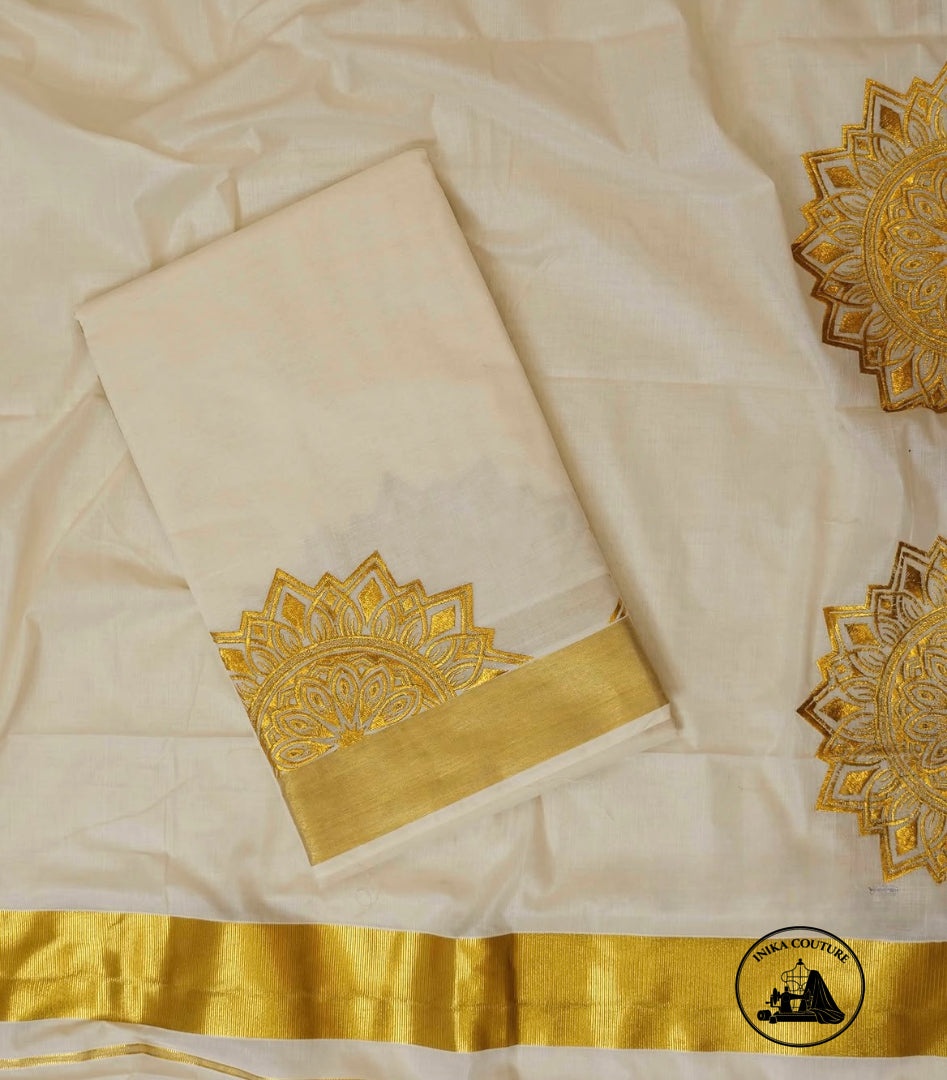 Pristine Ivory Kerala Kasavu Cotton Saree with Gilded Mandala Embroidery
