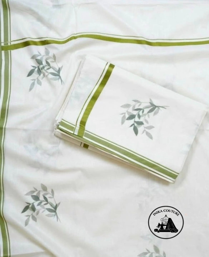 Ivory Cream & Leaf Green Soft Cotton Kasavu Saree with Botanical Leaf Prints