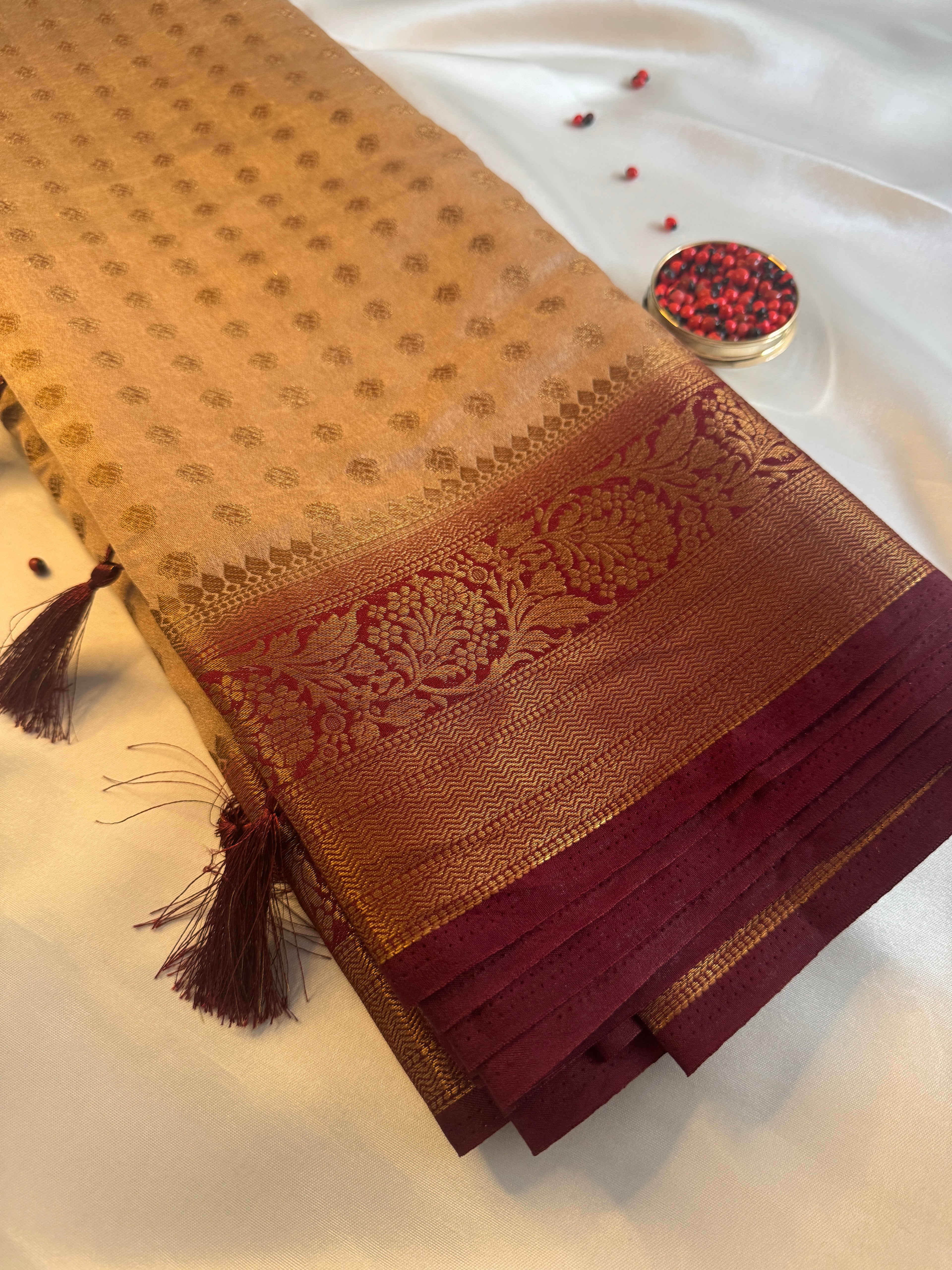 Antique Beige & Burgundy Contrast Semi-Banarasi Silk Blend Saree