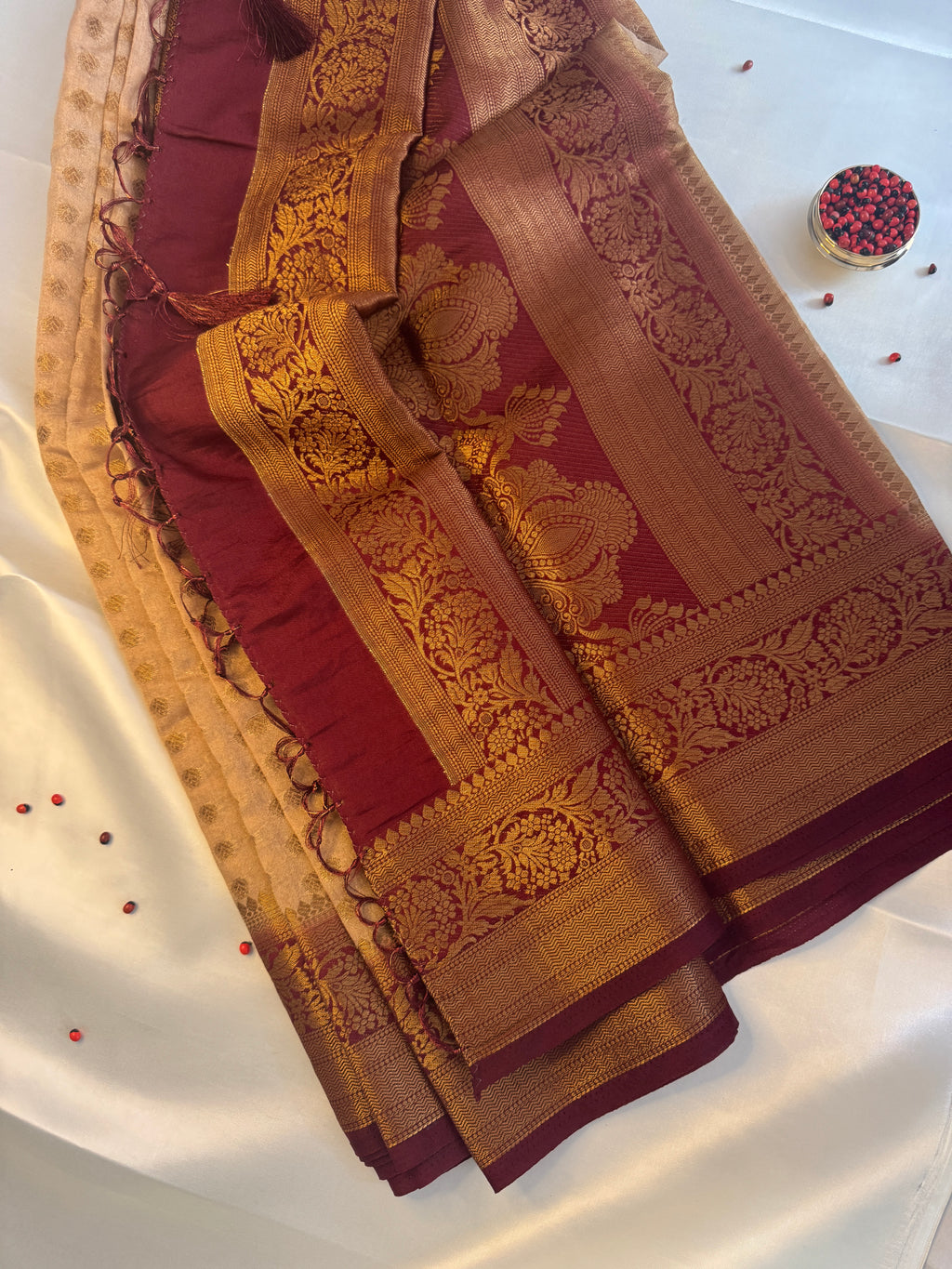 Antique Beige & Burgundy Contrast Semi-Banarasi Silk Blend Saree