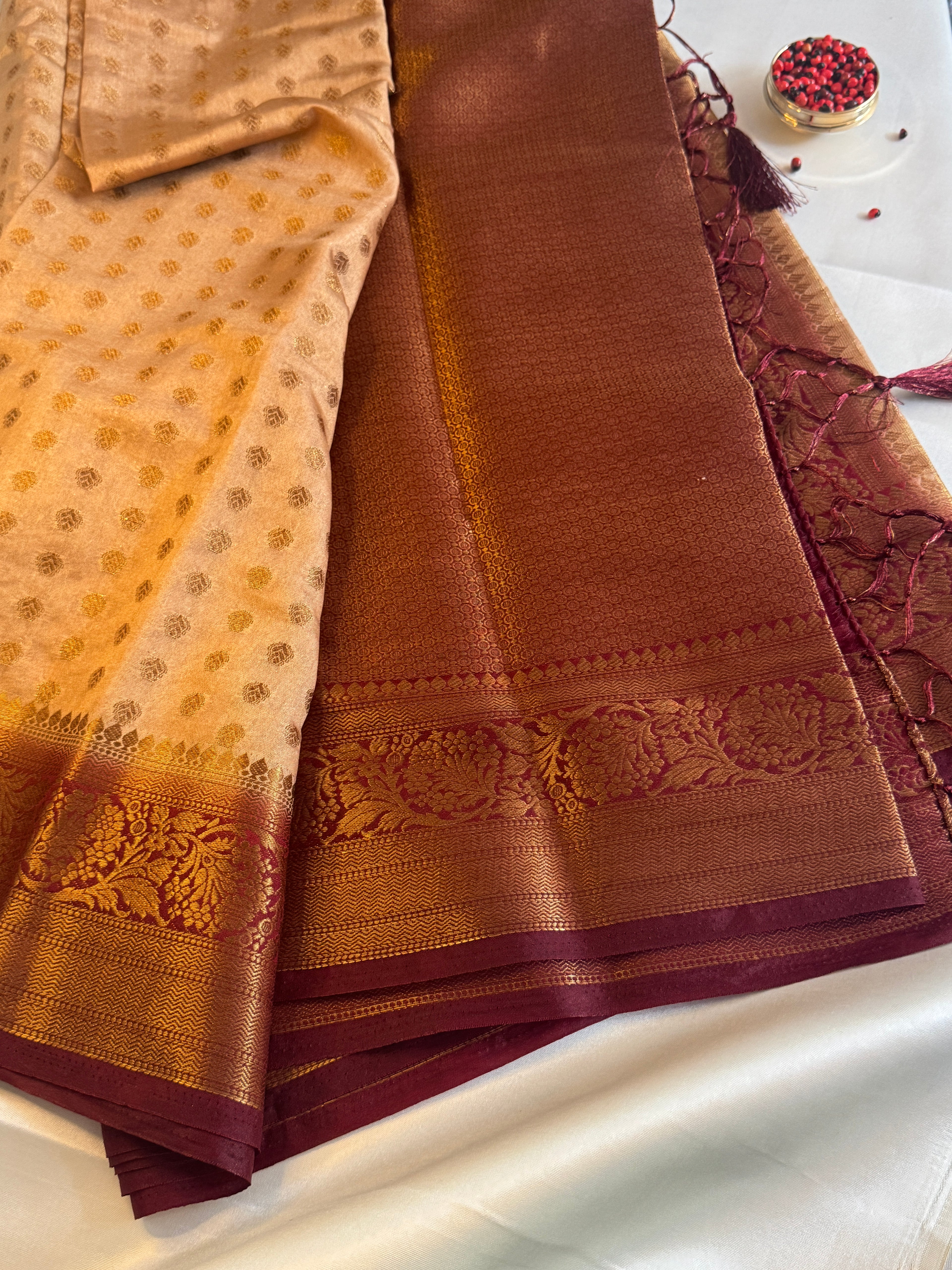 Antique Beige & Burgundy Contrast Semi-Banarasi Silk Blend Saree