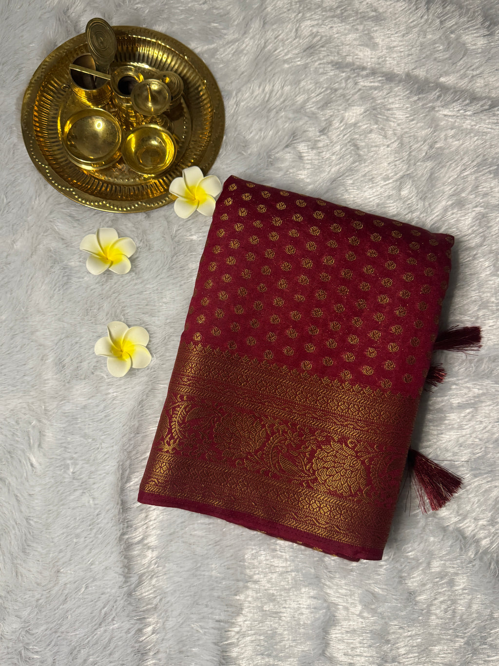 Deep Burgundy & Gold Zari Brocade Semi-Banarasi Silk Blend Saree