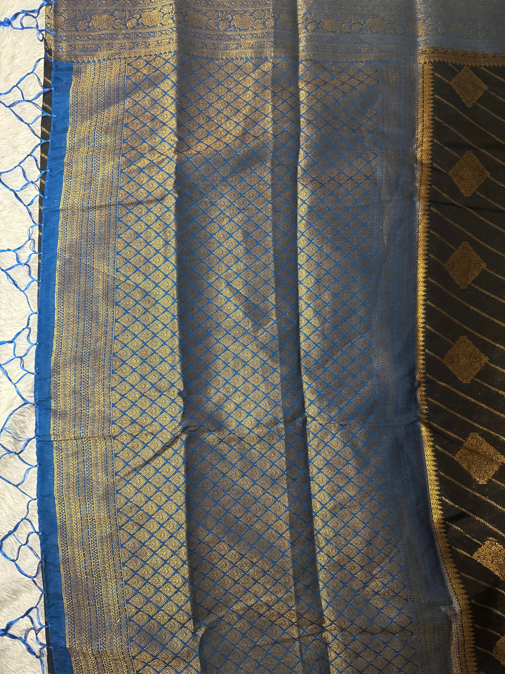 Black & Electric Blue Gold Zari Semi-Banarasi Silk Blend Saree