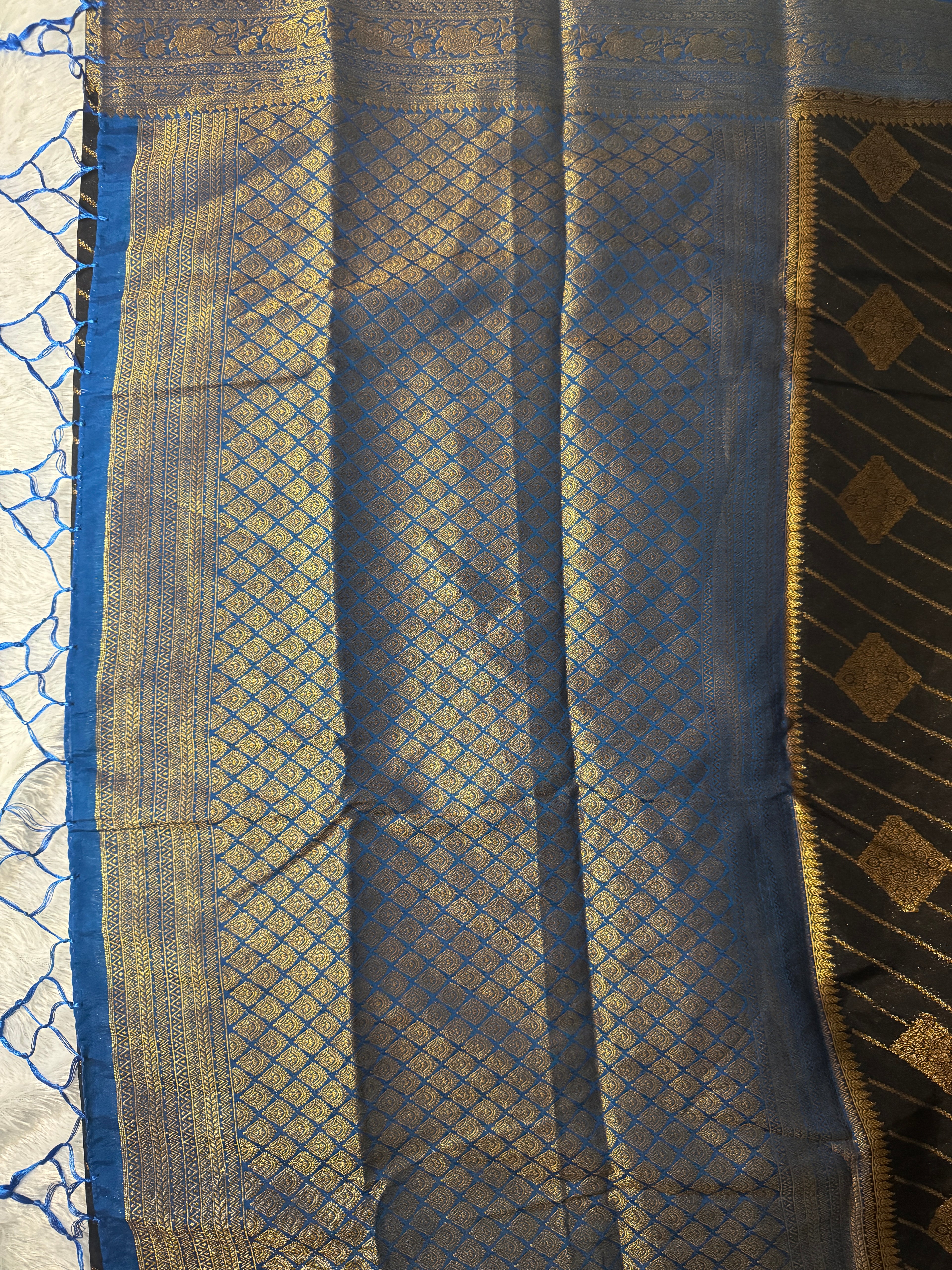 Black & Electric Blue Gold Zari Semi-Banarasi Silk Blend Saree