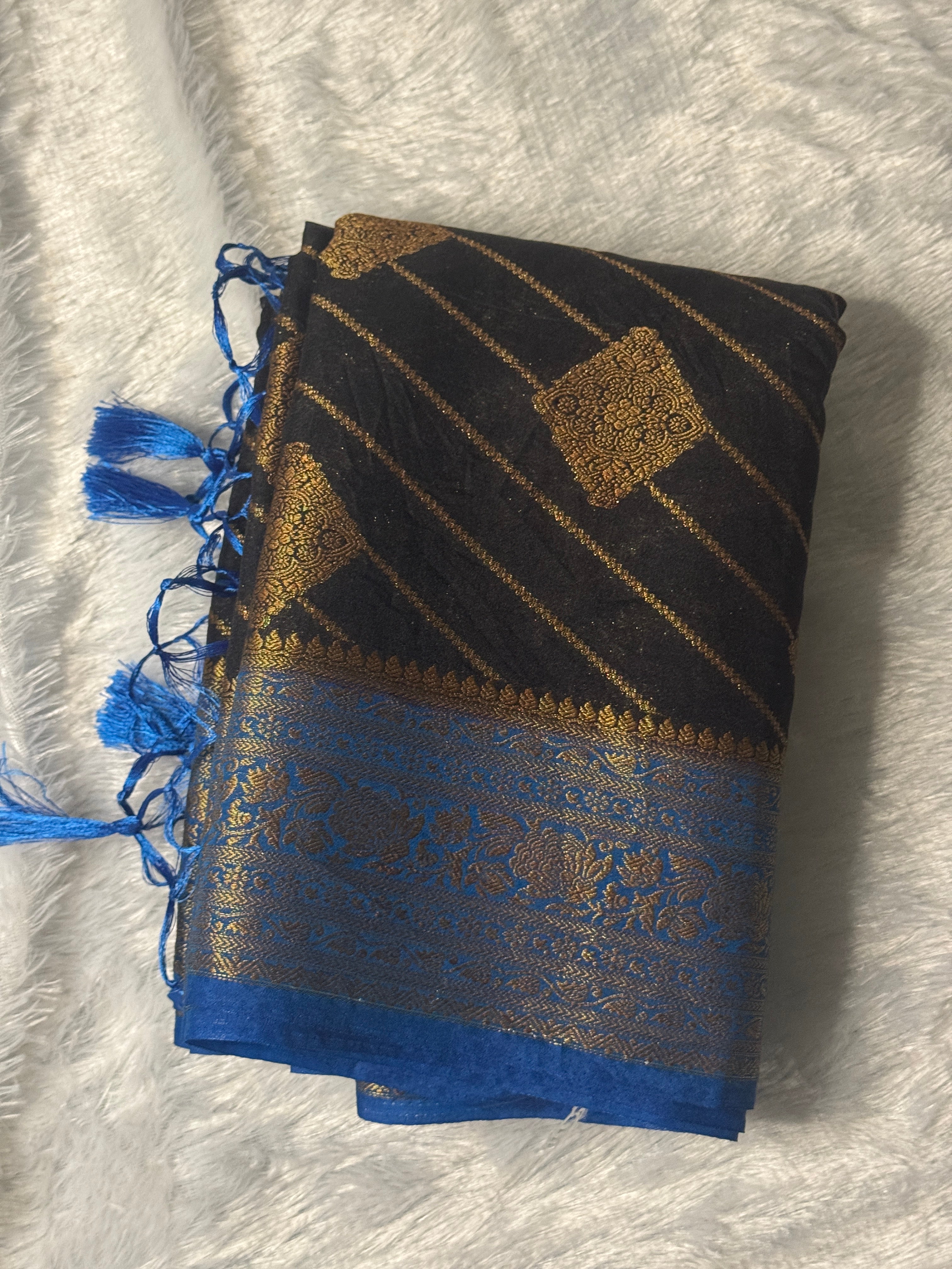 Black & Electric Blue Gold Zari Semi-Banarasi Silk Blend Saree