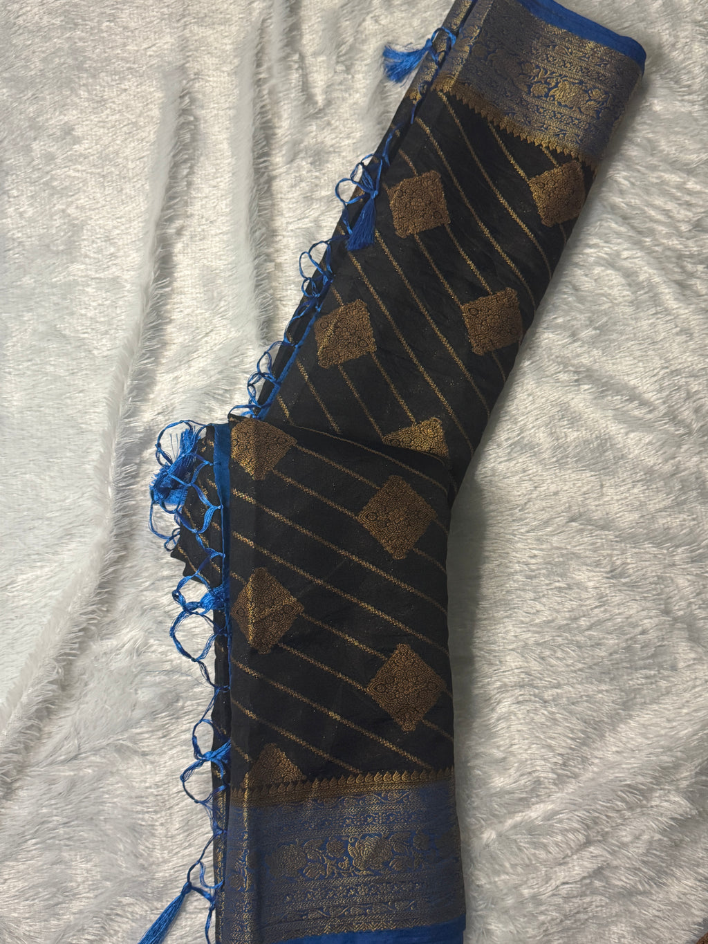 Black & Electric Blue Gold Zari Semi-Banarasi Silk Blend Saree